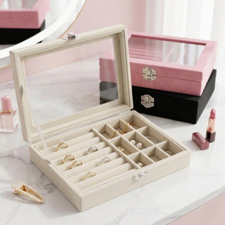 منظم اكسسوارات مخملي بغطاء زجاجي شفاف